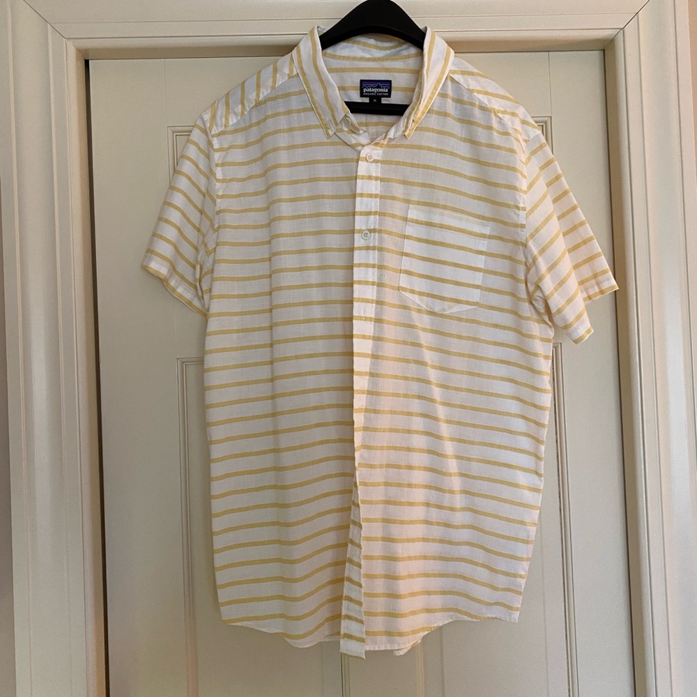 Patagonia White Short-Sleeve Shirt with Yellow Stripes